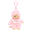 Officially licensed Monchhichi plush keychain doll featuring soft pastel pink fur and a matching pink plastic clip attached to its head. The doll has a freckled vinyl face and wears a shiny pink satin bib with a white lace border reading "Monchhichi".
