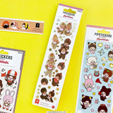 A vertical sheet of officially licensed Monchhichi stickers by Pipsticks, featuring photorealistic illustrations of Monchhichi plush characters and shimmering gold star accents