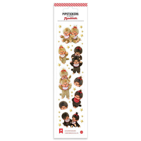 A vertical sheet of officially licensed Monchhichi stickers by Pipsticks, featuring photorealistic illustrations of Monchhichi plush characters and shimmering gold star accents