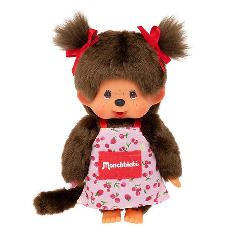 Monchhichi girl is wearing a pink cherry print with red hair bows .ideal for Christmas gifts.
