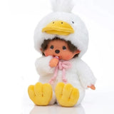 Front sitting view of Officially Licensed Sekiguchi Monchhichi Fluffy Sitting Duck 8 Inch Plush Doll in white duck costume with yellow duck beak hood and yellow webbed feet, perfect Christmas gift and holiday present for Monchhichi collectors