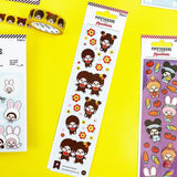 A vertical sheet of officially licensed Monchhichi stickers by Pipsticks, featuring multiple Monchhichi characters, colorful flower accents