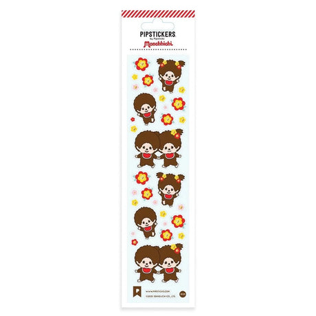A vertical sheet of officially licensed Monchhichi stickers by Pipsticks, featuring multiple Monchhichi characters, colorful flower accents