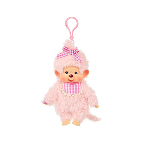 Monchhichi girl dressed in luxurious pink-beige plush fur with gingham bib and matching bow. Featuring her signature thumb-sucking pose, facial details, and soft plush body, this collectible from Sekiguchi Japan is perfect for gifting, collection, or attach to your backpack!.