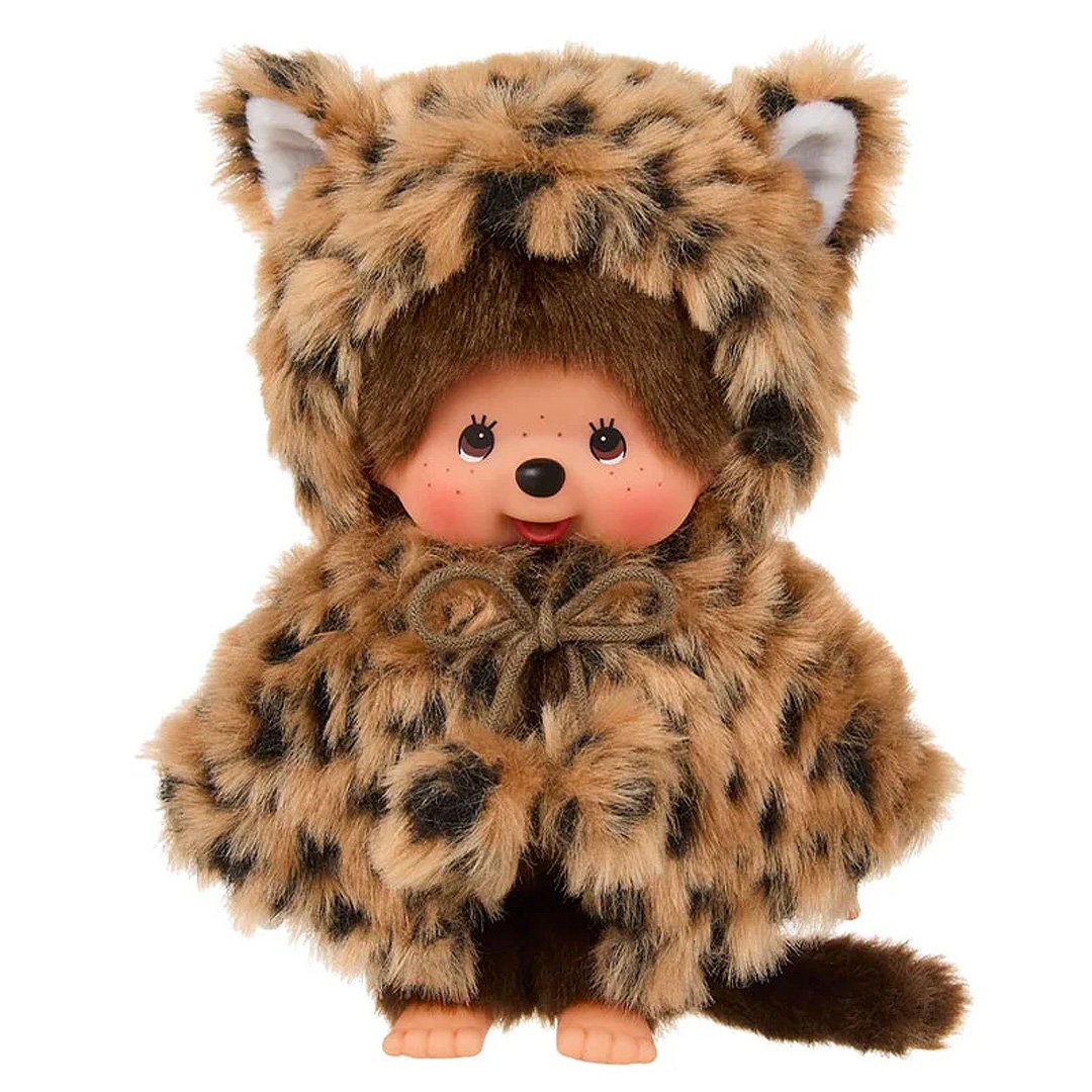 Officially licensed by Sekiguchi Japan, Monchhichi girl dressed in a leopard-print hood complete with cat ears, tail with her signature thumb-sucking pose. she’s perfect for cuddling, displaying, or gifting to Monchhichi fans of all ages.
