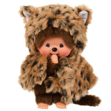 Officially licensed by Sekiguchi Japan, Monchhichi girl dressed in a leopard-print hood complete with cat ears, tail with her signature thumb-sucking pose. she’s perfect for cuddling, displaying, or gifting to Monchhichi fans of all ages.