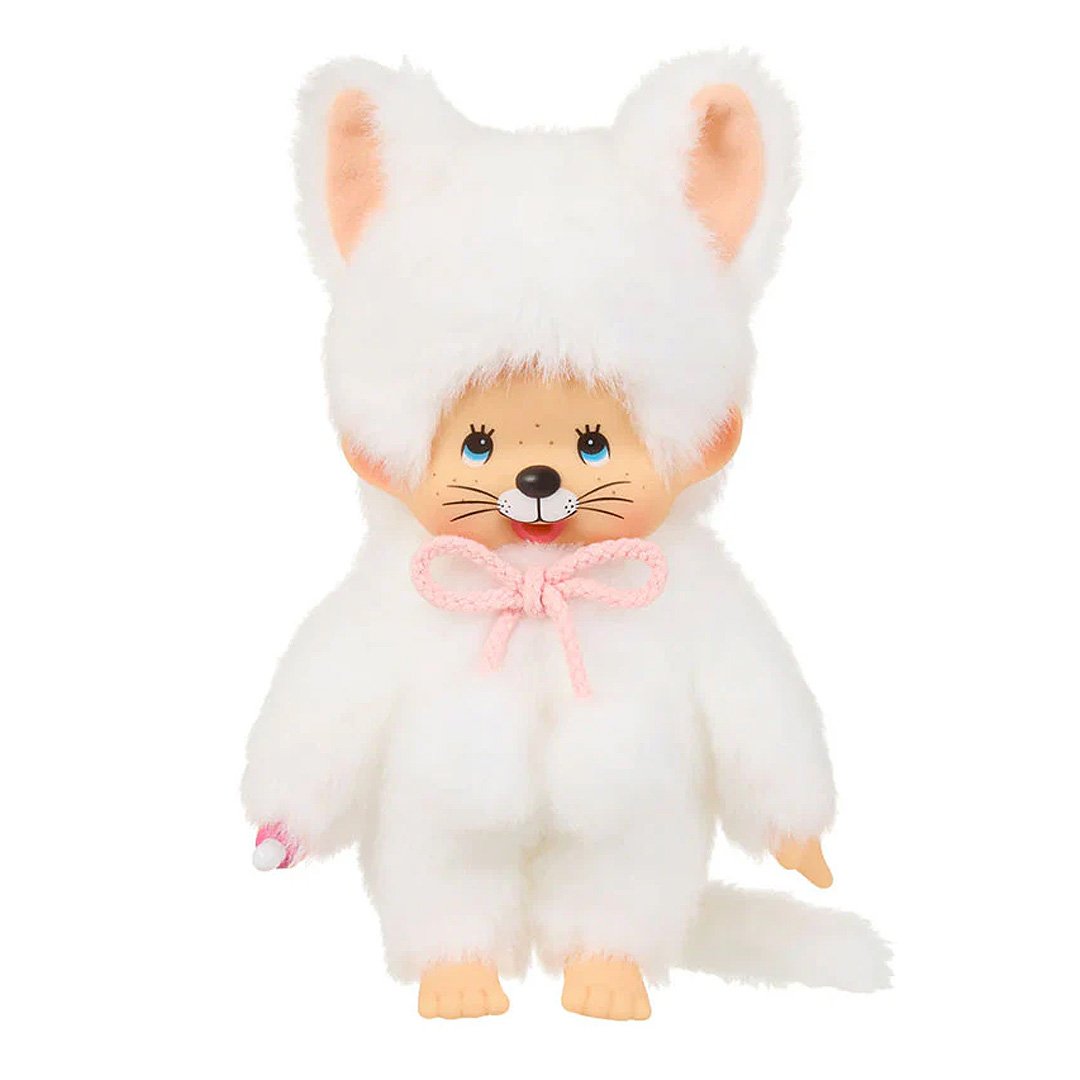 Officially licensed Monchhichi girl dressed in a full-body white cat suit complete with cat ears, tail, cat face. ㅖerfect collectible toy.