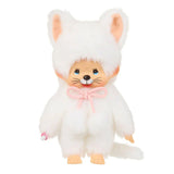 Officially licensed Monchhichi girl dressed in a full-body white cat suit complete with cat ears, tail, cat face. ㅖerfect collectible toy.