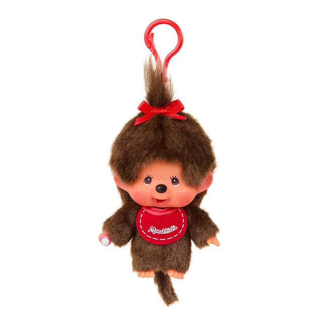 Official License  Monchhichi girl keychain features Monchhichi signature red bib with pacifier-holding hand — he’s the perfect fun companion for your keys, bag, or backpack, and comes in an adorably tiny size that fits right in your hand!
