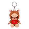 An officially licensed Monchhichi plush keychain wearing a plush brown horse costume with a red horseshoe bib, suspended from a silver keyring