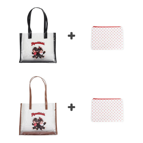 An officially licensed Monchhichi clear tote bag with a removable red polka-dot zippered inner pouch and long shoulder straps, available in black and brown trim
