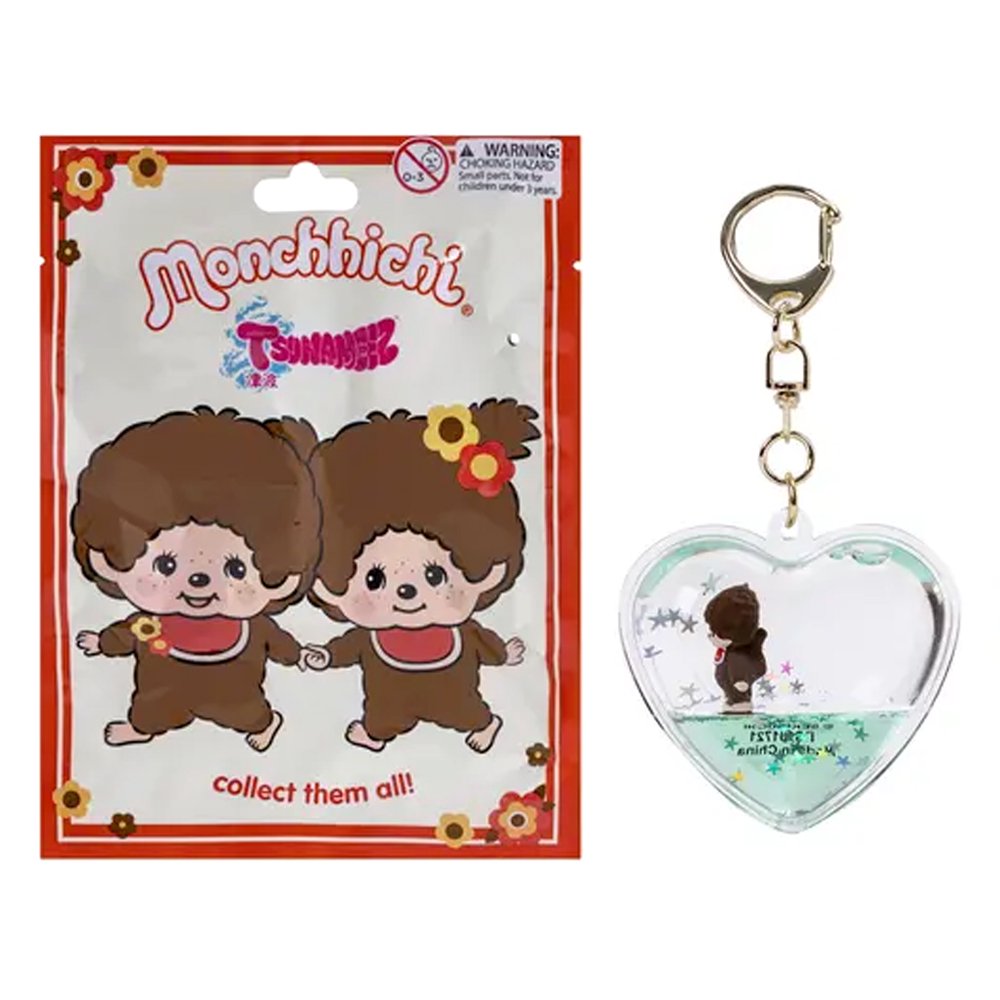 Officially licensed Monchhichi Tsunameez keychain blind box featuring heart-shaped liquid keychain containing a tiny Monchhichi figure and floating glitter stars