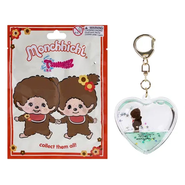 Officially licensed Monchhichi Tsunameez keychain blind box featuring heart-shaped liquid keychain containing a tiny Monchhichi figure and floating glitter stars