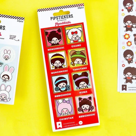 A vertical sheet of officially licensed Monchhichi and Friends stickers by Pipsticks on a red background, featuring eight framed, individual portraits of various characters with their names printed below each one