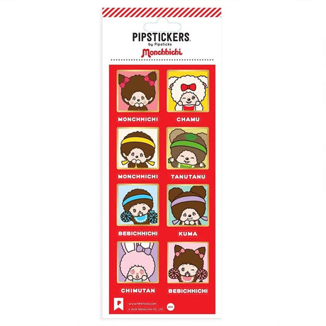 A vertical sheet of officially licensed Monchhichi and Friends stickers by Pipsticks on a red background, featuring eight framed, individual portraits of various characters with their names printed below each one