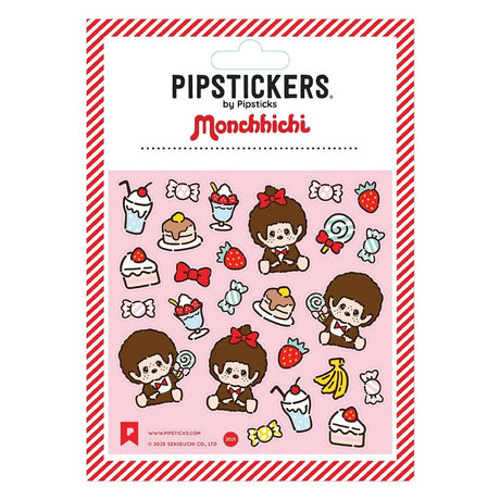 A square sheet of officially licensed Monchhichi stickers by Pipsticks, featuring various Monchhichi characters surrounded by illustrations of desserts, candies, and fruit.
