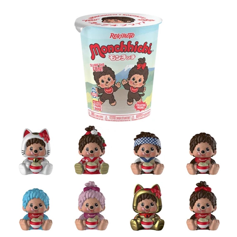Officially licensed Monchhichi x Rokimoto noodle cup blind box packaging pictured above eight collectible Monchhichi mini figures holding ramen bowls

