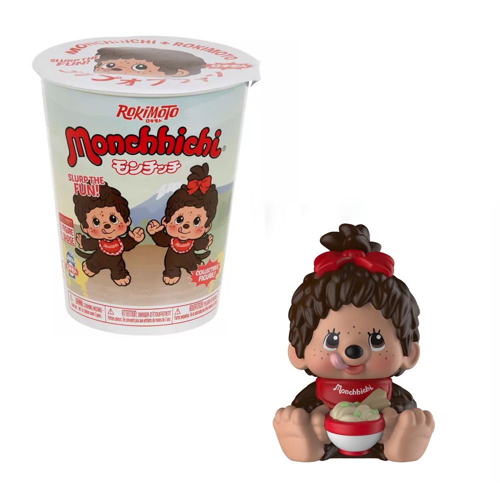 Officially licensed Monchhichi x Rokimoto noodle cup blind box packaging pictured above eight collectible Monchhichi mini figures holding ramen bowls
