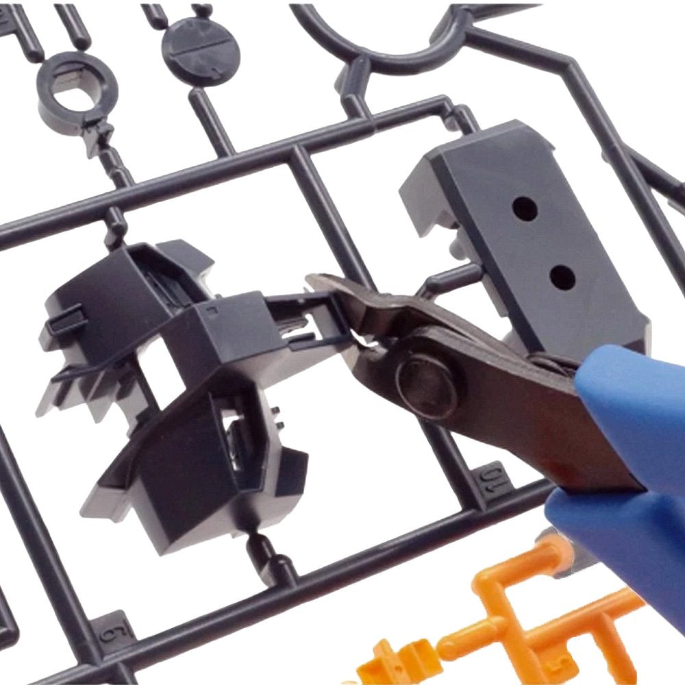 An officially licensed Mr. Hobby Mr. Basic Tool Set for plastic model kits. The set is displayed inside a clear plastic carrying case with a blue interior and includes one pair of blue-handled nippers, a set of angled metal tweezers, a metal file, and a hobby marker.