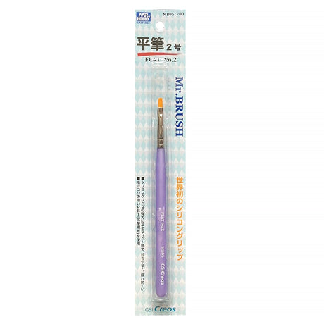 An officially licensed Mr. Hobby Mr. Brush Flat No. 2 features a lavender-colored ergonomic silicone grip and a flat orange-bristled tip