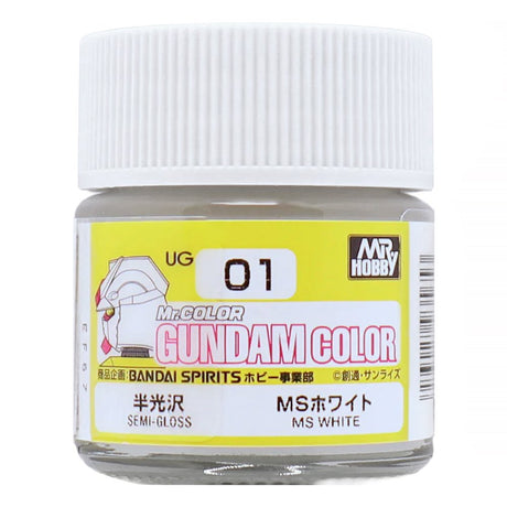 A jar of officially licensed Mr. Hobby Gundam Color UG01 MS White Semi-gloss lacquer paint