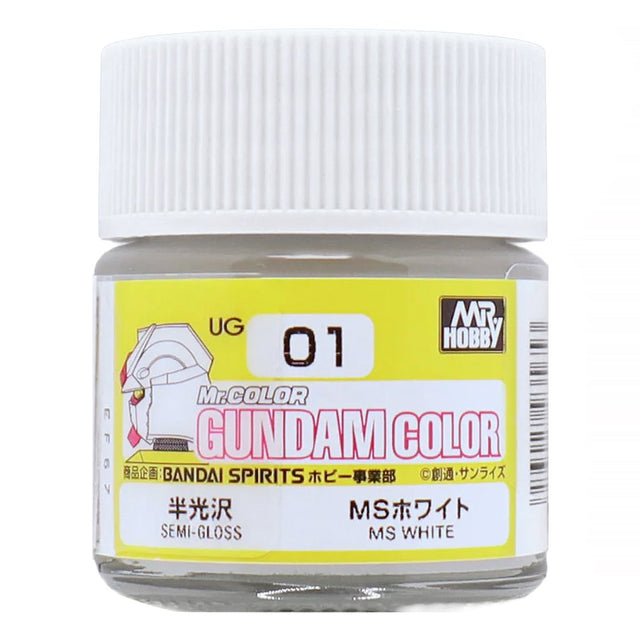 A jar of officially licensed Mr. Hobby Gundam Color UG01 MS White Semi-gloss lacquer paint