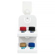 An officially licensed Mr. Hobby Mr. Mini Wall Paint Rack featuring a clear wall hook, a tube of specialized adhesive, and an illustration of white paper racks holding four paint jars mounted on a wall