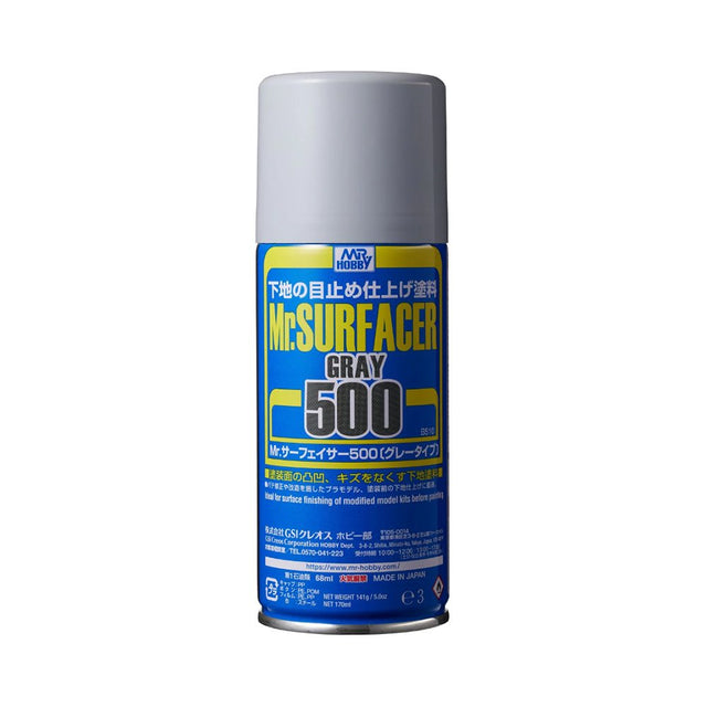 Mr. Hobby Mr. Surfacer 500 Gray spray can, a high-viscosity liquid primer and surface finisher for plastic model kits.