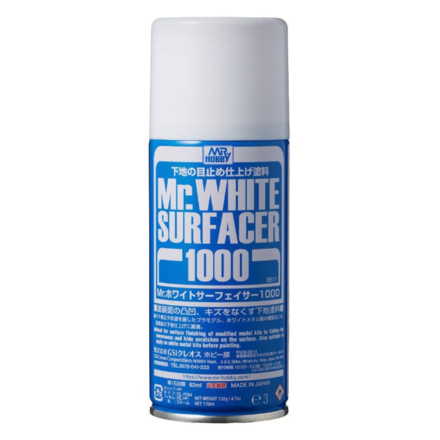 A 170ml spray can of Mr. Hobby Mr. White Surfacer 1000, designed for priming and finishing model kits.