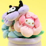 An officially licensed Sanrio plush bouquets featuring My Melody and Kuromi as soft, colorful flowers inside plush pots. The purple planter is beautifully embroidered with character names.
