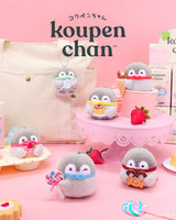 Officially licensed Spiralcute Koupen Chan Sweet Treats Plush Blind Box collection featuring six cute grey penguin plushies with colorful desserts such as candy, ice cream, pudding, cupcake, lollipop, and pretzel, perfect for kidult bag charms and kawaii aesthetic backpack accessories.
