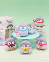 Officially licensed Spiralcute Koupen Chan Sweet Treats Plush Blind Box collection featuring six cute grey penguin plushies with colorful desserts such as candy, ice cream, pudding, cupcake, lollipop, and pretzel, perfect for kidult bag charms and kawaii aesthetic backpack accessories.
