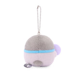 Officially licensed Spiralcute Koupen Chan plush mascot keychain featuring a winking cute grey penguin with rosy pink cheeks wearing a light blue bow tie and holding a colorful pink, white, and blue swirl lollipop candy with a pink ribbon bow, attached to a silver ball chain. Perfect for adult kidult collectors as a cute aesthetic bag charm or collectible key ring.
