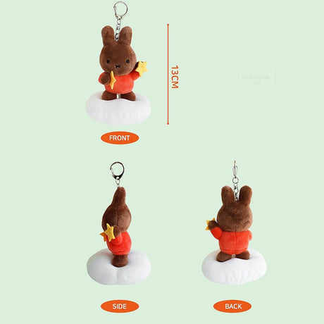Detailed size comparison between Official Miffy and Melanie Dream Mascot Plush Keychains holding stars; showing the white Miffy and brown Melanie rabbit plushies are approximately 4 inches tall (10cm), perfect portable bag charms and nostalgic Easter gift ideas for adult collectors.