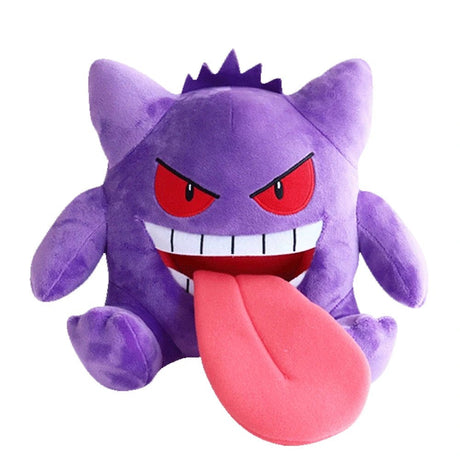 Official Pokémon Tongue Out Gengar 10-inch Plush Stuffed Animal in vibrant purple. This soft-textured ghost Pokémon features a large pink tongue out and red eyes, making it a perfect Dark Cute gift for adult collectors and gaming room decor. A must-have nostalgic collectible for millennials and Gen Z Pokémon fans