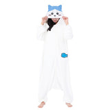 front view of the Official SAZAC Chiikawa Hachiware Kigurumi Vol. 2 Costume Onesie Jumpsuit worn by a model. Features a soft white fleece body, Hachiware face hood with blush details, and the upgraded blue fish pochette pocket embroidery. Perfect for Halloween costumes, cozy sleepover nights, and cosplay party loungewear for anime fans