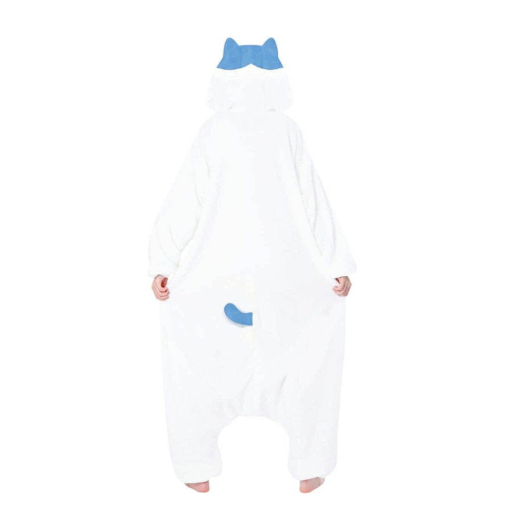 Back view of the Official SAZAC Chiikawa Hachiware Kigurumi Vol. 2 Costume Onesie Jumpsuit worn by a model. Features a soft white fleece body, blue tail  details, and the upgraded blue fish pochette pocket embroidery. Perfect for Halloween costumes, cozy sleepover nights, and cosplay party loungewear for anime fans