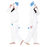 Official SAZAC Chiikawa Hachiware Kigurumi Vol. 2 Costume Onesie Jumpsuit worn by a model. Features a soft white fleece body, Hachiware face hood with blush details, and the upgraded blue fish pochette pocket embroidery. Perfect for Halloween costumes, cozy sleepover nights, and cosplay party loungewear for anime fans