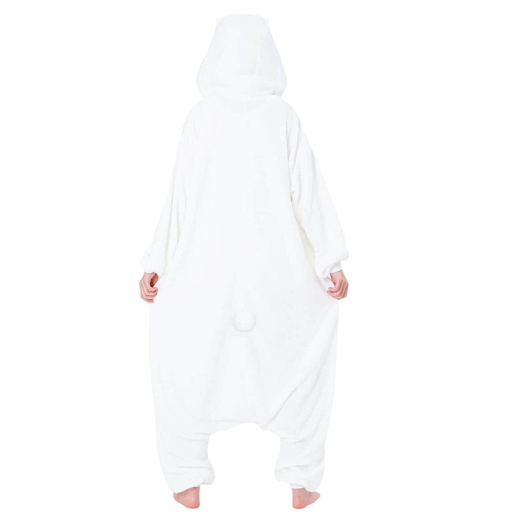 Back view of the Official SAZAC Chiikawa Kigurumi Vol. 2 Costume Onesie Jumpsuit worn by a model. Features a soft white fleece body, Chiikawa pompom tail. Perfect for Halloween costumes, cozy sleepover nights, and cosplay party loungewear for anime fans.