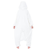 Back view of the Official SAZAC Chiikawa Kigurumi Vol. 2 Costume Onesie Jumpsuit worn by a model. Features a soft white fleece body, Chiikawa pompom tail. Perfect for Halloween costumes, cozy sleepover nights, and cosplay party loungewear for anime fans.