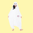 Official SAZAC Chiikawa Kigurumi Vol. 2 Costume Onesie Jumpsuit worn by a model. Features a soft white fleece body, Chiikawa face hood with blush details, and the upgraded pink bear pochette pocket embroidery. Perfect for Halloween costumes, cozy sleepover nights, and cosplay party loungewear for anime fans