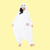 Official SAZAC Chiikawa Kigurumi Vol. 2 Costume Onesie Jumpsuit worn by a model. Features a soft white fleece body, Chiikawa face hood with blush details, and the upgraded pink bear pochette pocket embroidery. Perfect for Halloween costumes, cozy sleepover nights, and cosplay party loungewear for anime fans