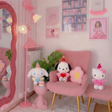 Official Sanrio Triple Heart Plush featuring Hello Kitty, My Melody, and Kuromi holding red hearts; a nostalgic Y2K aesthetic stuffed animal set perfect for an adult Easter basket stuffer and office-core desk decor.