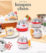 Officially licensed Spiralcute Koupen Chan Bakery Series plush collection featuring the cute grey penguin in various bread costumes like croissant, baguette, toast, cupcake, and patissier outfits. This premium set is a charming kitchen-core aesthetic for kawaii collectors.