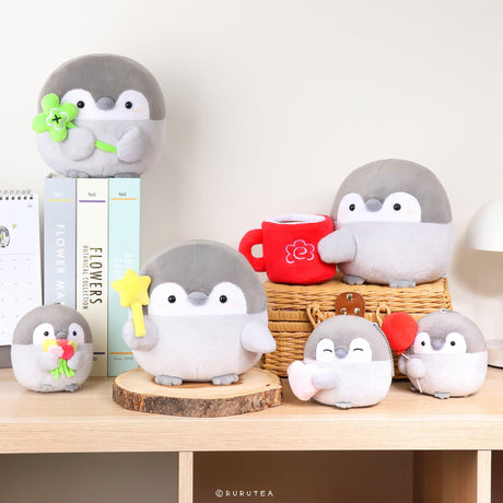 Official Spiralcute Koupen Chan Plush Collection featuring the positive penguin with a clover wand, star magic wand, red mug, balloon mascot , flower bouquet mascot  and heart mascot keychain. A premium full set for dedicated collectors and Japanese character fans seeking the ultimate healing squad.