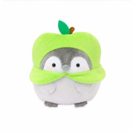 Front view of Koupen Chan plushie in a lime green apple hood with a felt leaf and brown stem. Features soft grey fur, blush pink cheeks, and a round huggable silhouette.