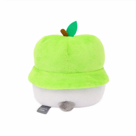 Official Spiralcute Koupen Chan Green Apple Plush; an authentic grey positive penguin wearing a vibrant lime green apple costume with a leaf topper.