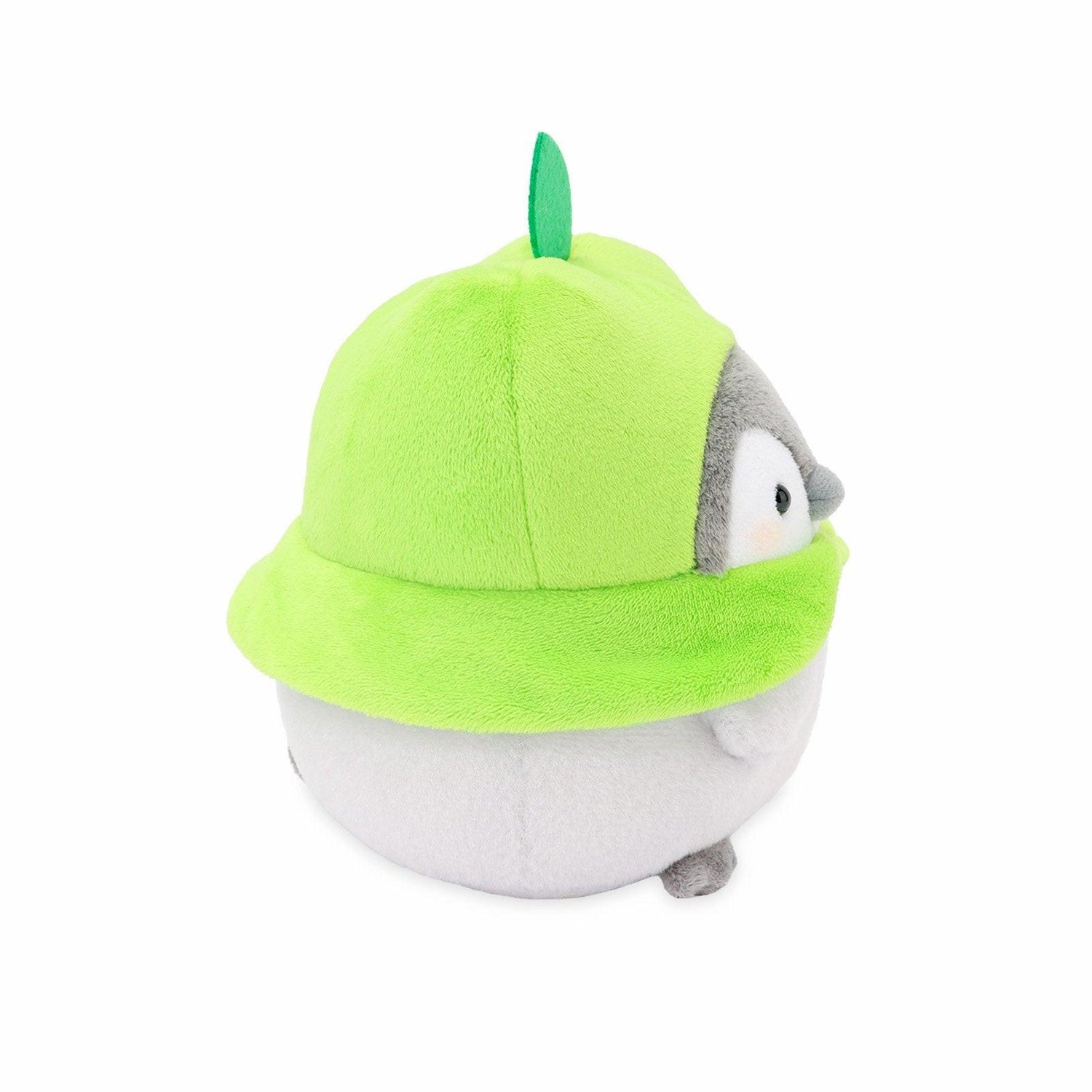 Officially licensed Spiralcute Koupen Chan green apple costume plush toy featuring a cute round grey penguin with rosy cheeks, soft fleece texture, and a felt leaf stem on its head, serving as a comforting desktop healing companion for adult and kidult collectors.