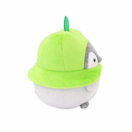Close-up of a high-quality Koupen Chan fruit series mascot next to a green apple slice. A premium Japanese character lifestyle product for fans of kawaii culture.