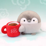 Official Spiralcute Koupen Chan Mug Plush featuring the positive penguin with a soft red coffee cup. A premium authentic Japanese character mascot for dedicated collectors and Sanrio enthusiasts seeking high-quality emotional support items.
